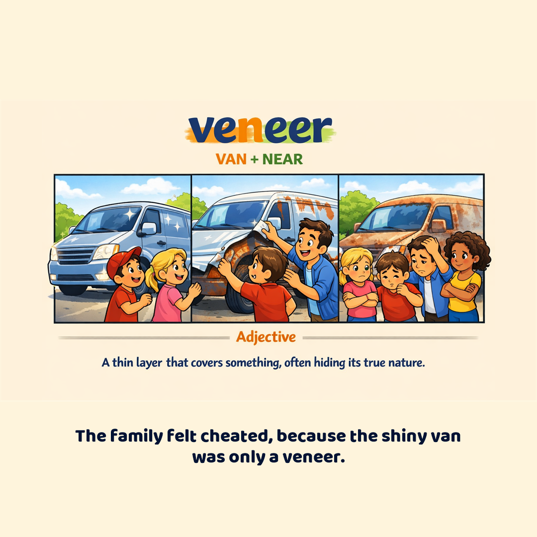 veneer: a thin layer that covers something and hides what is underneath.
