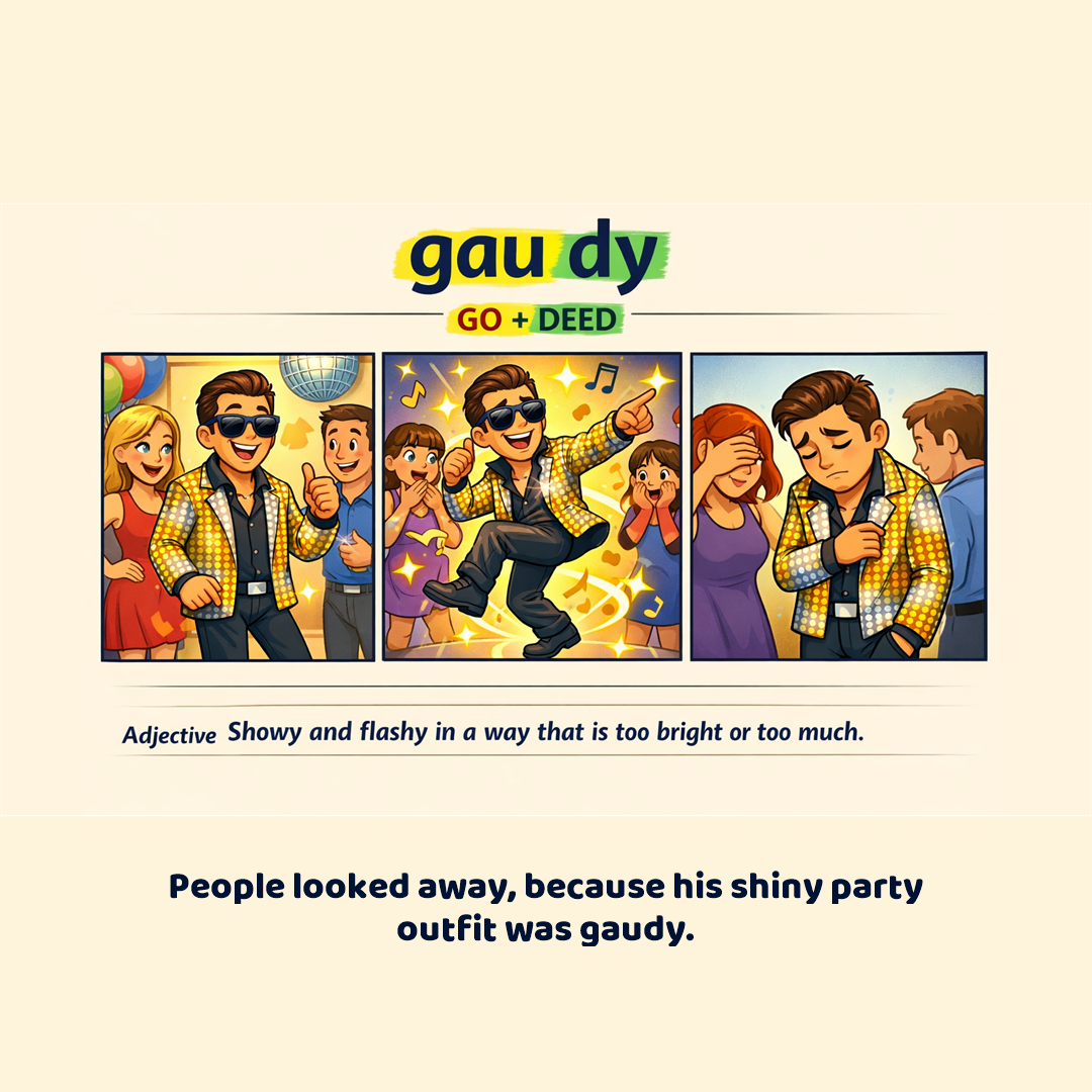gaudy: showy and flashy, too bright or too much.