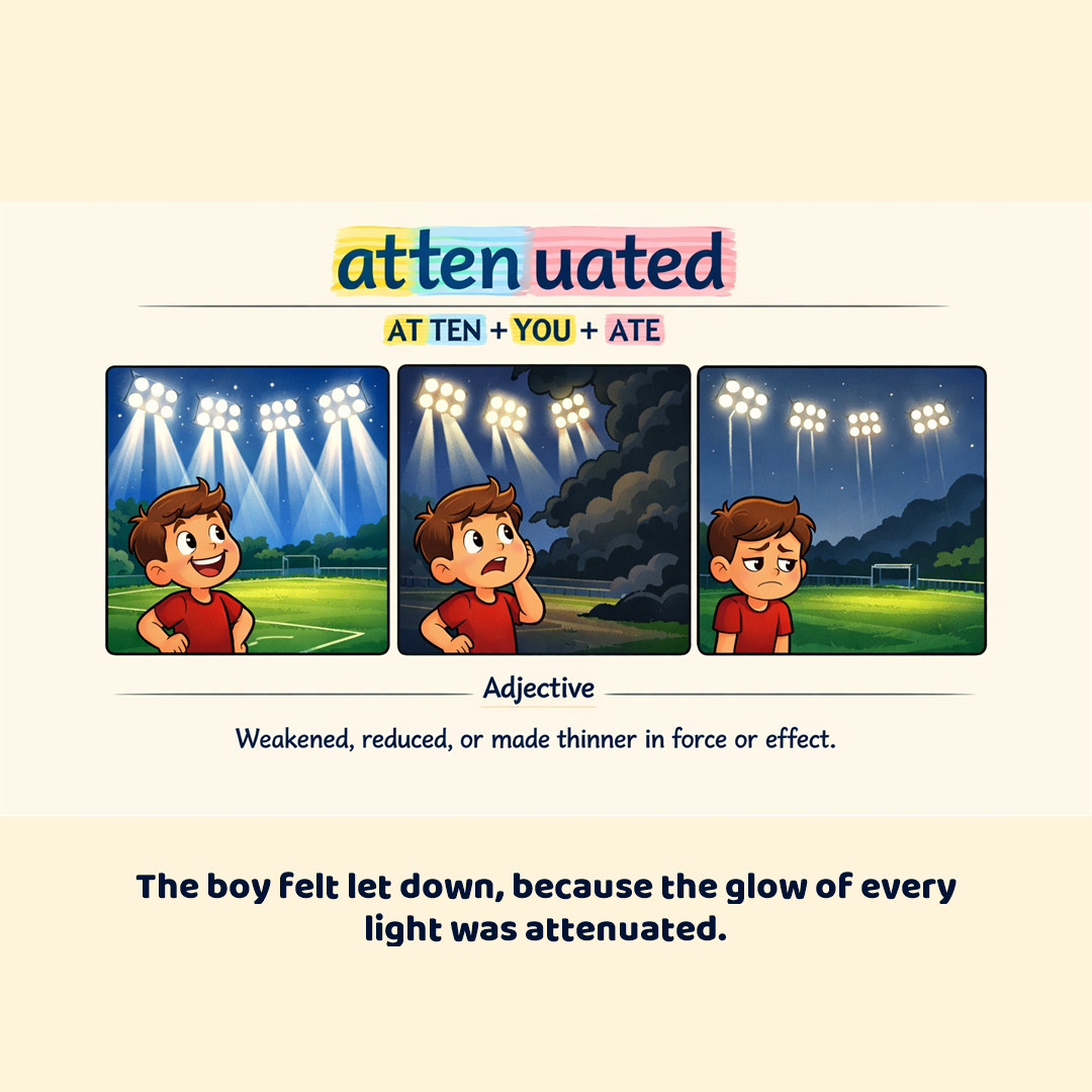 attenuated: weakened, reduced, made thinner in force or effect.